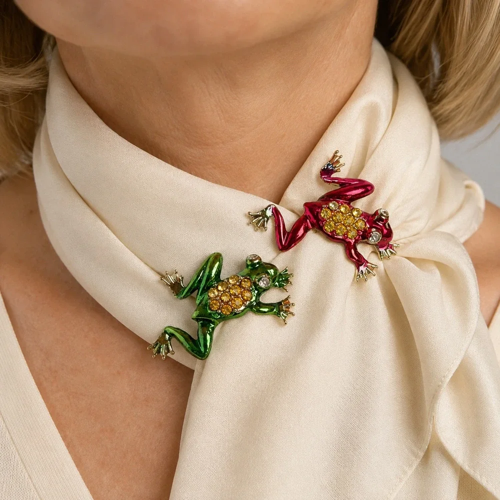 Frog Scatter Brooch Pin Set Red Green Enamel-Like Rhinestone Jeweled 2pc